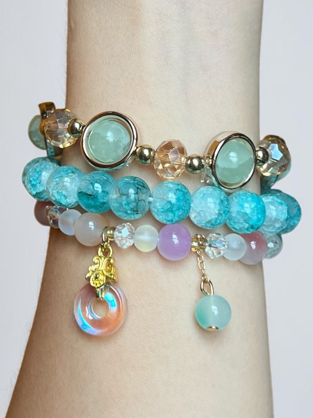Halo Drop Charm Beaded 3 Pieces Stretch Bracelet Set NWOT